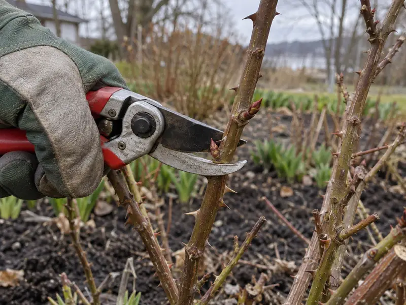 Sekatör kortar in en rabattros till en utåtriktad knopp en grå aprildag.