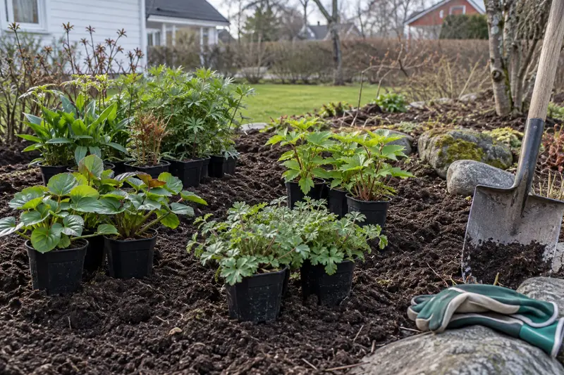 Krukodlade perenner utställda på en nygrävd rabatt innan de planteras.