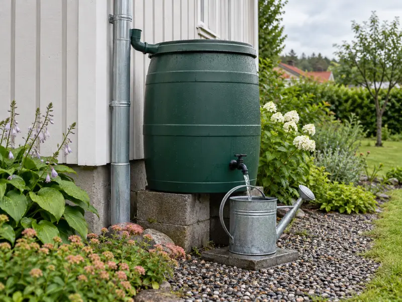 En regntunna med tappkran står under ett stuprör och en vattenkanna fylls från kranen.