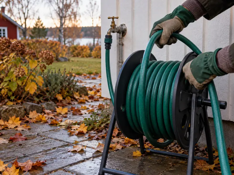 En tömd trädgårdsslang rullas upp på en slangvinda en höstdag innan frosten.