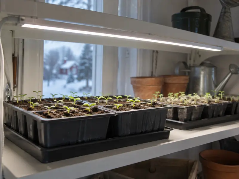 Såbrätten under en LED-växtlampa på en hylla, med små hjärtblad.