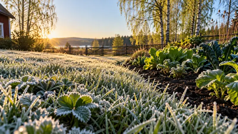 Rimfrost på gräs och låga plantor i gryningen en klar vårmorgon medan luften ovanför är fri från frost.