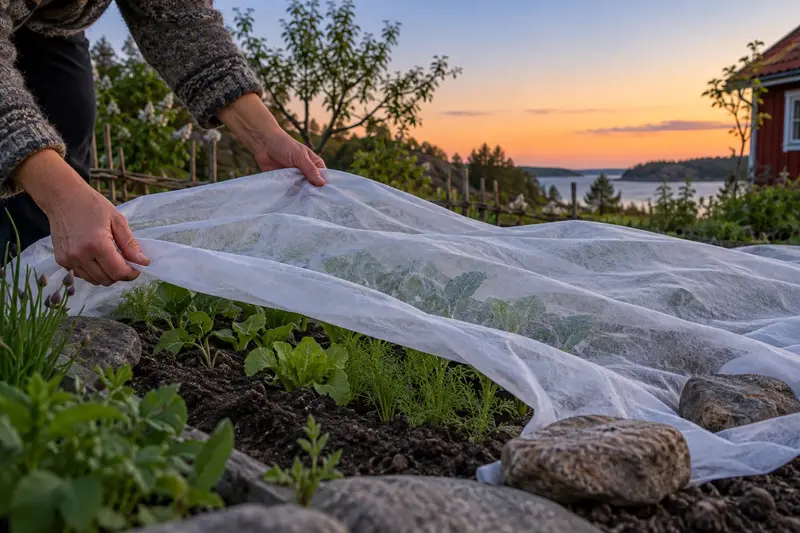 Någon lägger fiberduk över nyplanterade plantor i skymningen inför en kall natt.