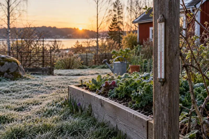 En enkel trädgårdstermometer vid en odlingsbädd i gryningen, med rimfrost på gräset nedanför.