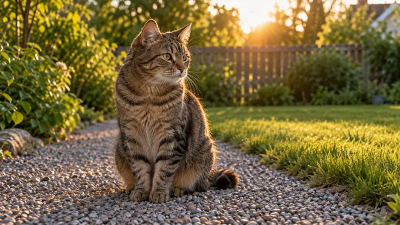 En katt sitter på en grusgång i en svensk trädgård en sommarkväll.
