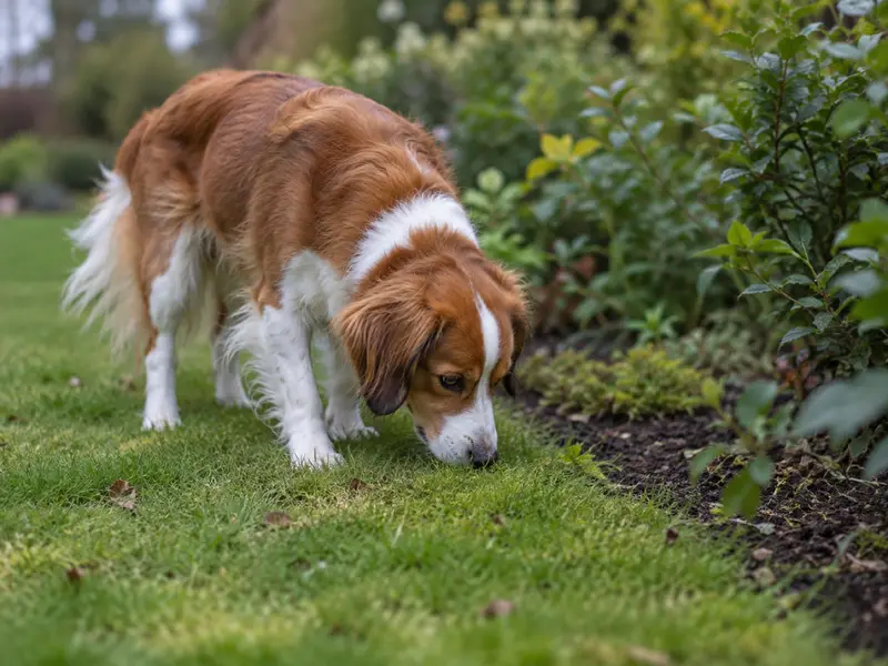 En hund nosar i gräset vid en trädgårdsrabatt.