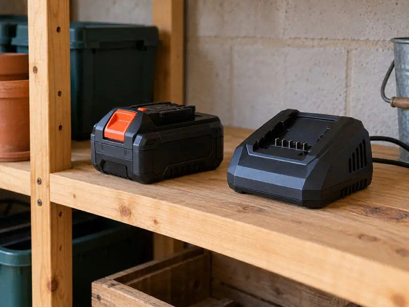 alt: "Ett batteri till trädgårdsmaskiner förvaras på en hylla i ett torrt förråd.