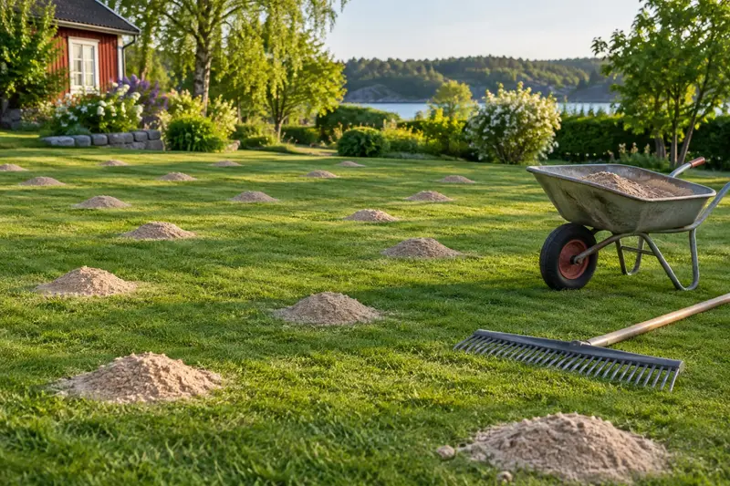 Små högar av sand utspridda över en nyklippt gräsmatta före dressning.