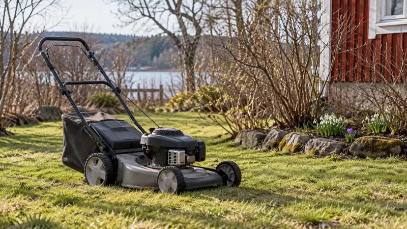 Gräsklippare på en gräsmatta som just börjat grönska i april, med kala buskar i bakgrunden.