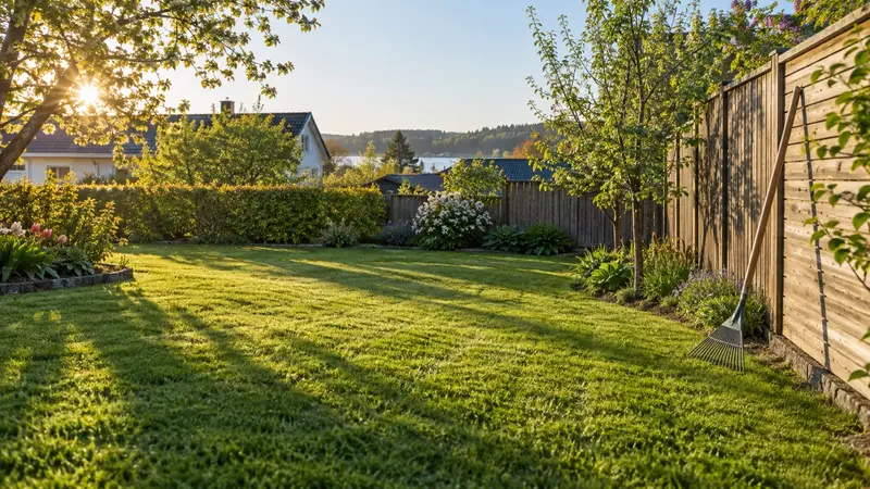Nyklippt grön gräsmatta i en villaträdgård en solig morgon i maj, med en kratta lutad mot ett staket.