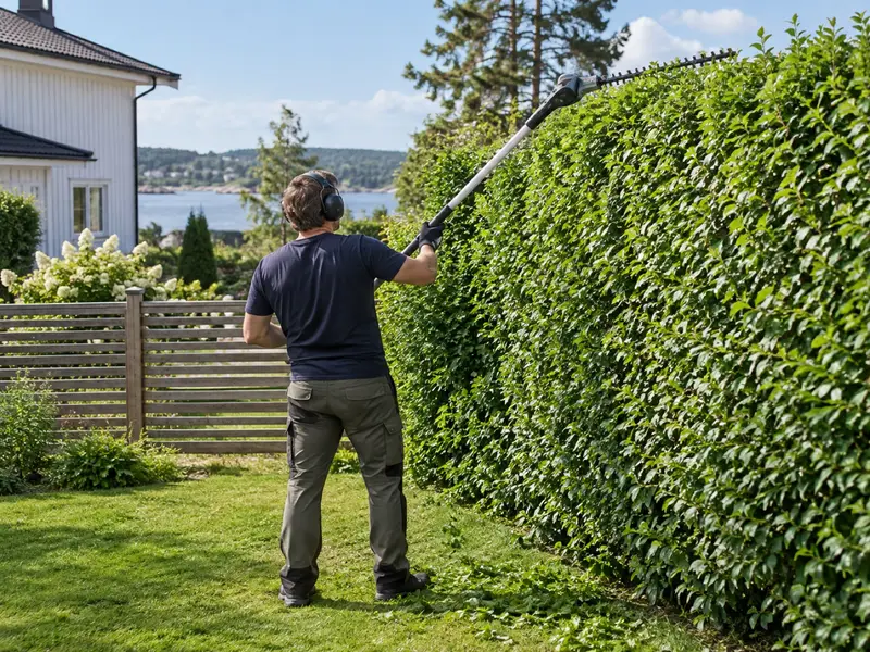 En teleskopisk häcksax används för att klippa toppen av en hög häck från marken.