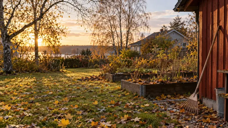 Höstträdgård efter regn med löv på gräsmattan, kratta mot en röd bod och pallkragar täckta med löv.