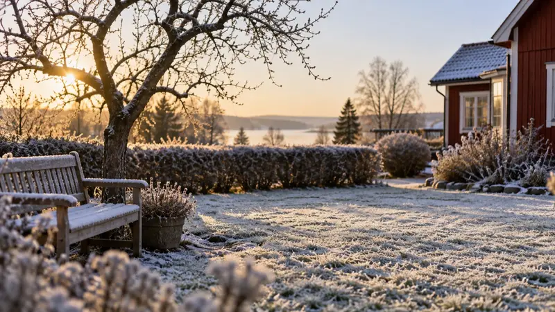 Frostig vintermorgon i en svensk villaträdgård med rimfrost på gräset och en snöpudrad bänk.