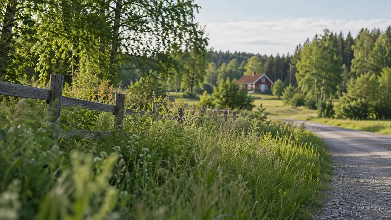 Vägren vid en svensk landsväg en sommardag med blandad grönska och ett trästaket.