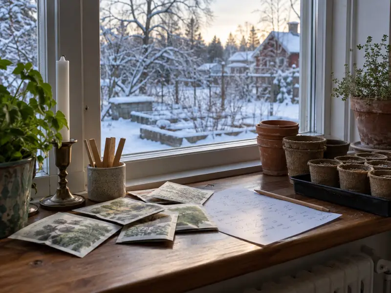 Fönsterbräda i januari med fröpåsar, en handskriven sålista och tomma krukor.