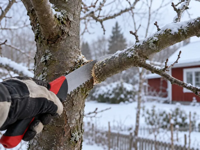En såg sågar strax utanför grenkragen på en kal äppelgren i vinterljus.