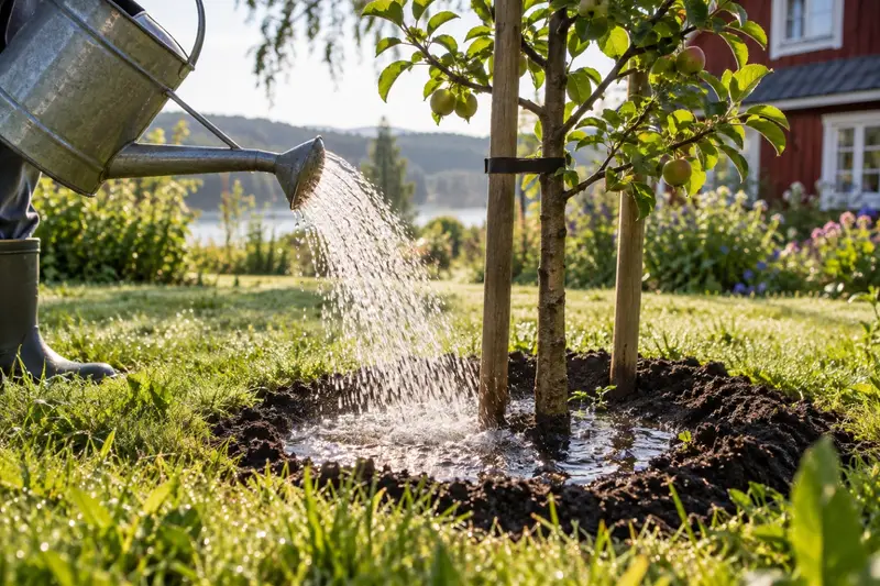 En vattenkanna töms vid foten av ett nyplanterat fruktträd en tidig sommarmorgon.