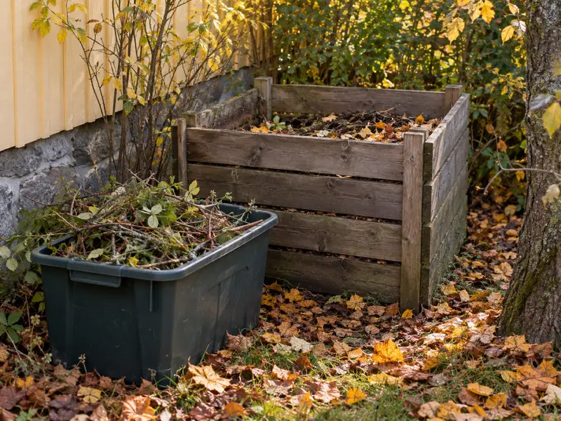 Malt trädgårdsavfall i en uppsamlingslåda bredvid en trälåda för kompost.