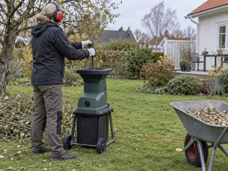 En person med hörselkåpor, skyddsglasögon och arbetshandskar matar en tunn gren i en kompostkvarn.
