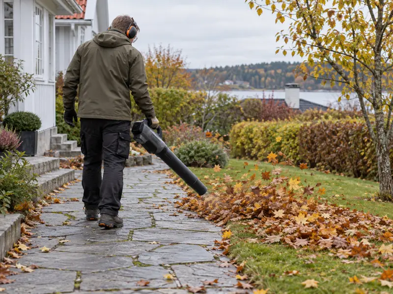 En person med hörselkåpor och skyddsglasögon blåser ihop löv till en hög på en stenlagd gång.