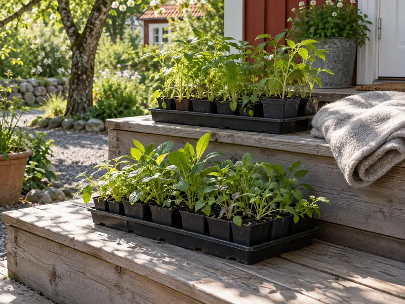 Plantor i krukor står i halvskugga på en trappa för att vänja sig vid utomhusluften.