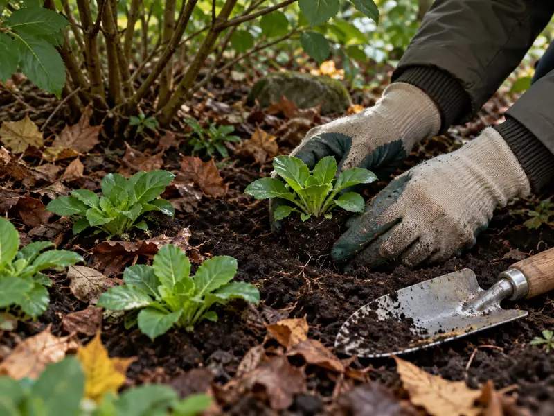 Händer i trädgårdshandskar planterar små plantor i mullrik jord under en buske, med lövkompost runt omkring.