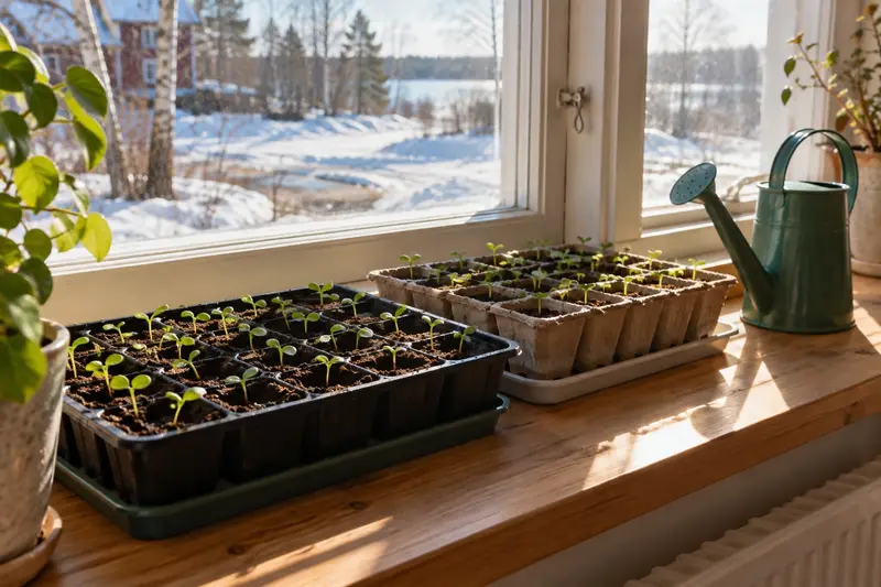 Såbrätten med små groddplantor på en ljus fönsterbänk en marsmorgon.