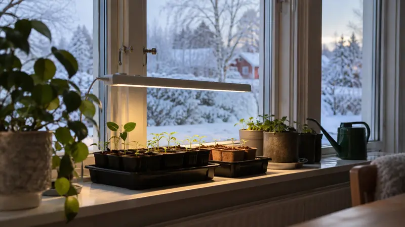 Små plantor i krukor under en enkel LED-lampa i ett fönster, snö utanför.