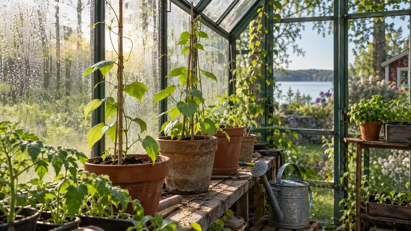 Ung gurkplanta i kruka i ett enkelt växthus i maj