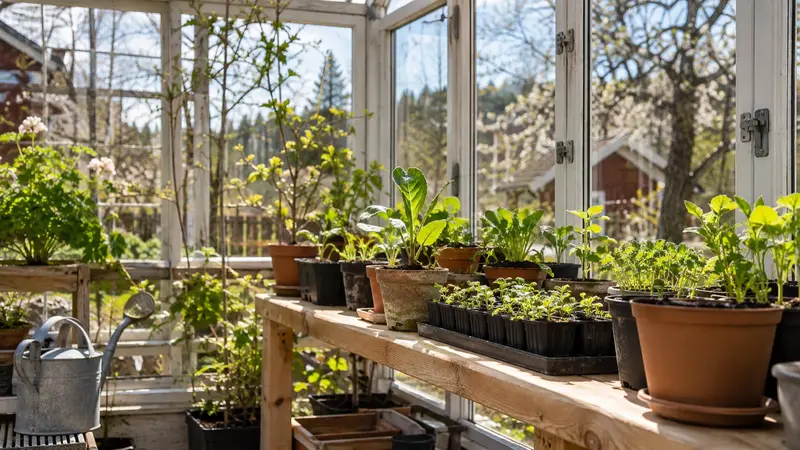 Unga plantor i krukor på en ljus hylla i ett växthus på våren.