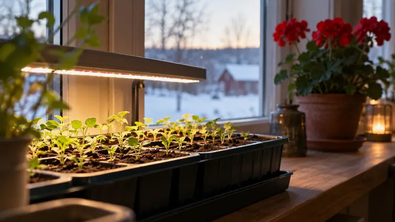 Såbrätte med små plantor under LED-ljus, en blommande röd krukväxt suddig i bakgrunden.