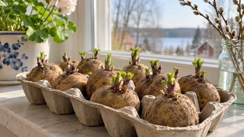 Förgrodd sättpotatis i en äggkartong på en ljus fönsterbräda