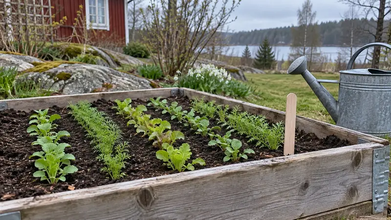 Rader med små salladsplantor i en pallkrage en sval vårdag