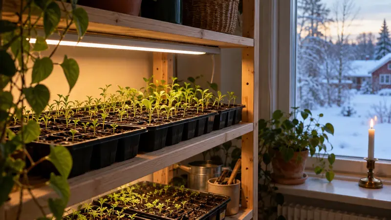 Brätten med små blomsterplantor under en enkel växtlampa i mars