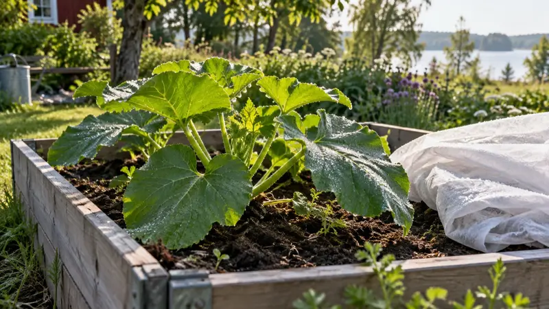 Stora gröna blad i en pallkrage en tidig sommarmorgon