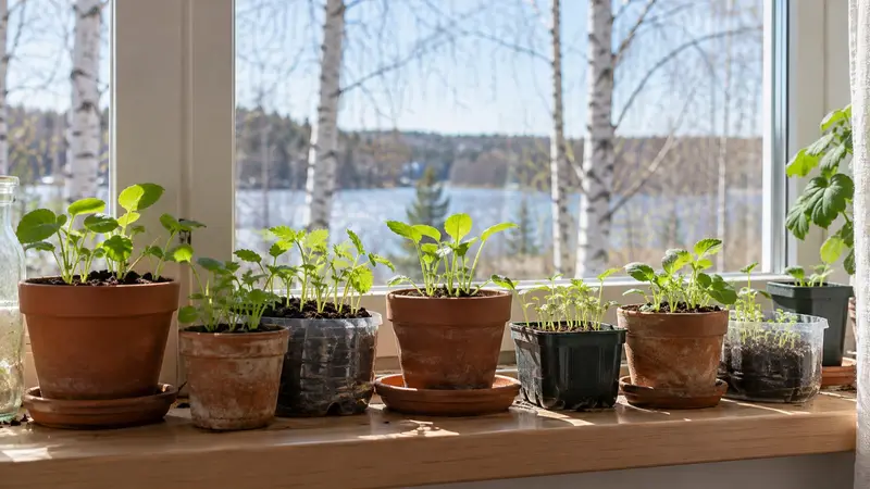 Små tomatplantor i krukor på en fönsterbräda en ljus vårdag