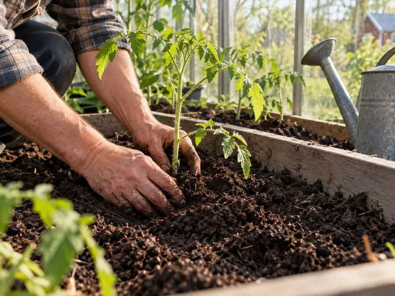 Händer planterar en planta djupt i en växthusbädd