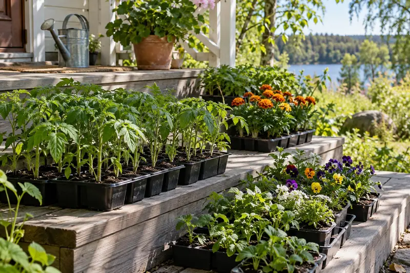 Förodlade plantor i lådor står ute i halvskugga på en trätrapp en vårdag.