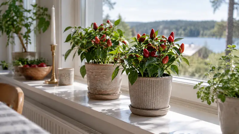 Krukväxter med röda frukter i ett ljust fönster inomhus.