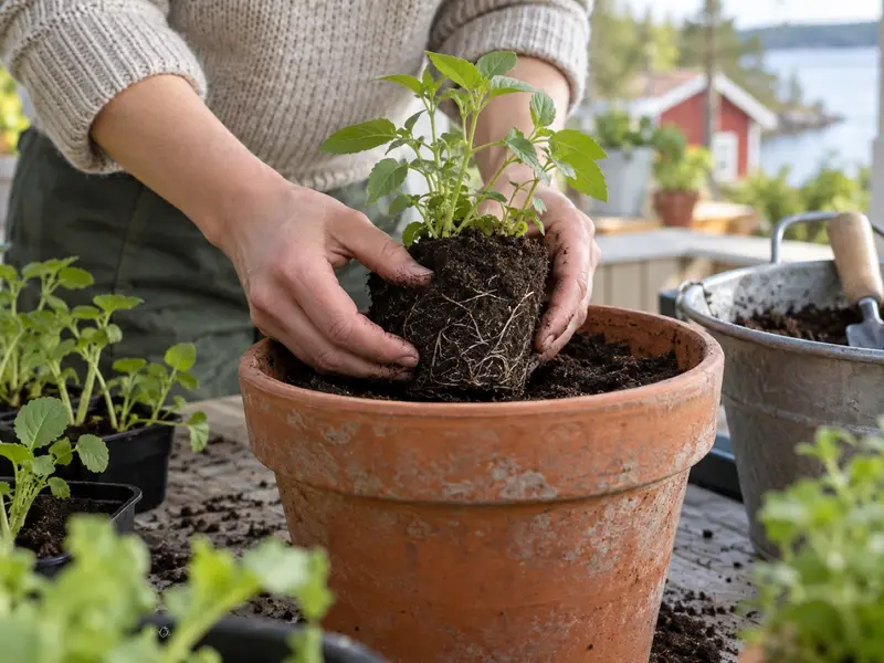 En liten planta flyttas till en större kruka och planteras djupare.