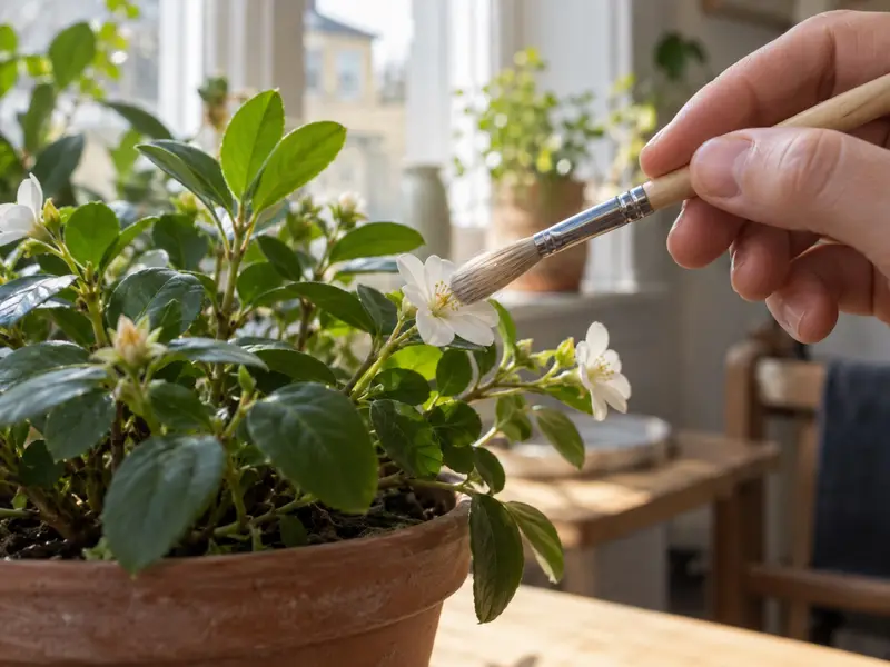 Hand med en liten pensel som rör vid en vit blomma på en krukväxt.