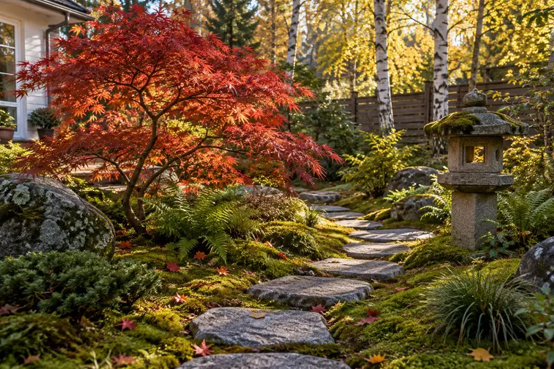Japanskinspirerad trädgård i Sverige med japansk lönn, mossa, trampstenar och en stenlykta.