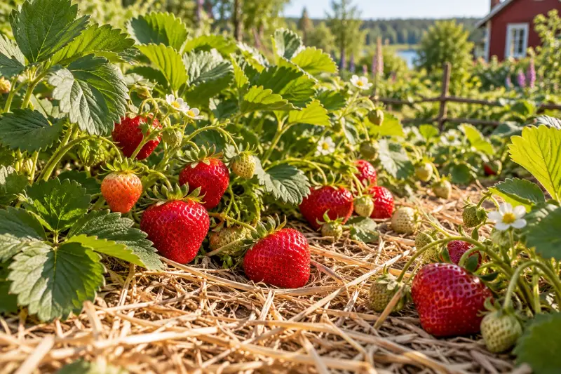 Jordgubbsplantor med mogna bär på halm i ett trädgårdsland en sommardag.