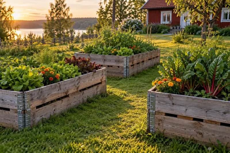 Pallkragar med sallat, mangold och blommor på en gräsmatta en försommarkväll.