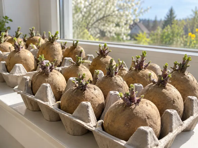 Sättpotatis i äggkartonger med korta gröna groddar i ett ljust fönster.
