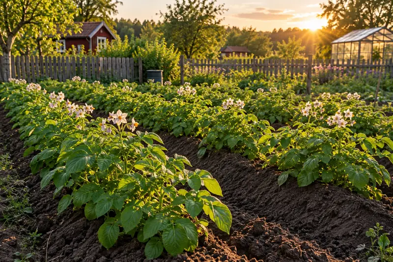 Potatisland med kupade rader och blommande blast en sommarkväll.