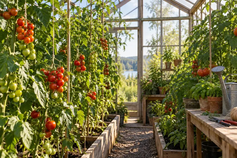 Tomatplantor med mogna och omogna klasar i ett växthus en sommarmorgon.