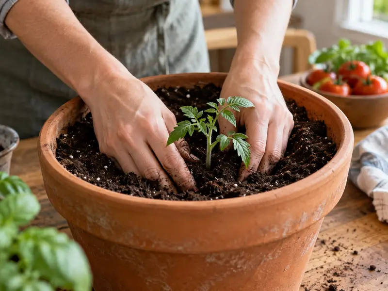 Tomatplanta sätts djupt i en större kruka så att stammen hamnar under jord.