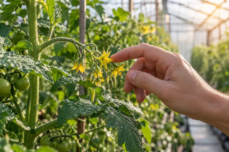 Hand skakar försiktigt en blomklase på en tomatplanta i växthus.