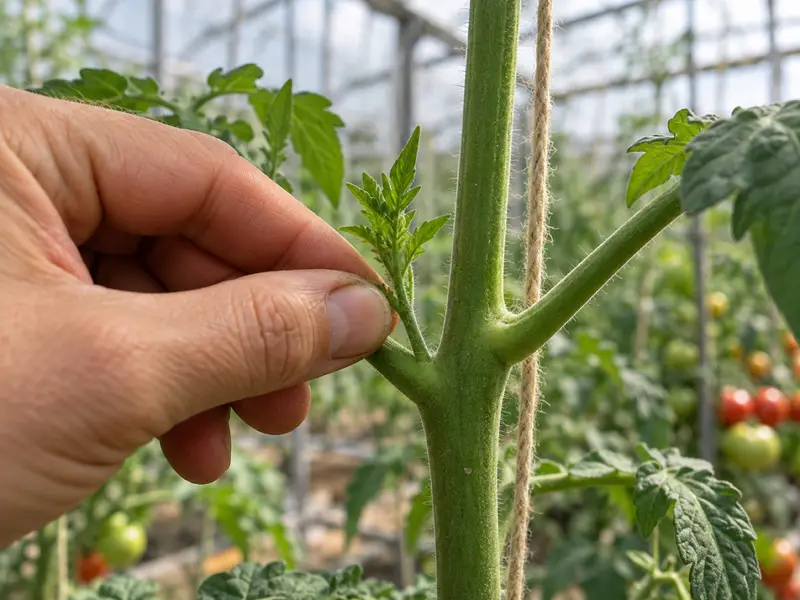 Fingrar nyper bort ett sidoskott i bladvecket på en tomatplanta.